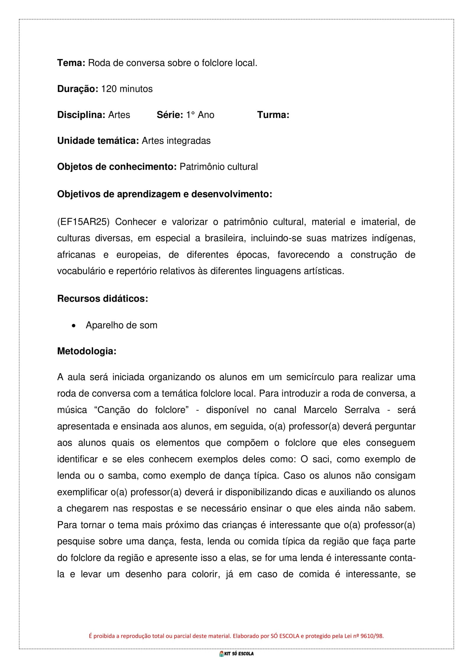 PLANOS DE AULA BNCC - ENSINO FUNDAMENTAL - 1 ANO - ARTES - KIT SO ESCOLA-10
