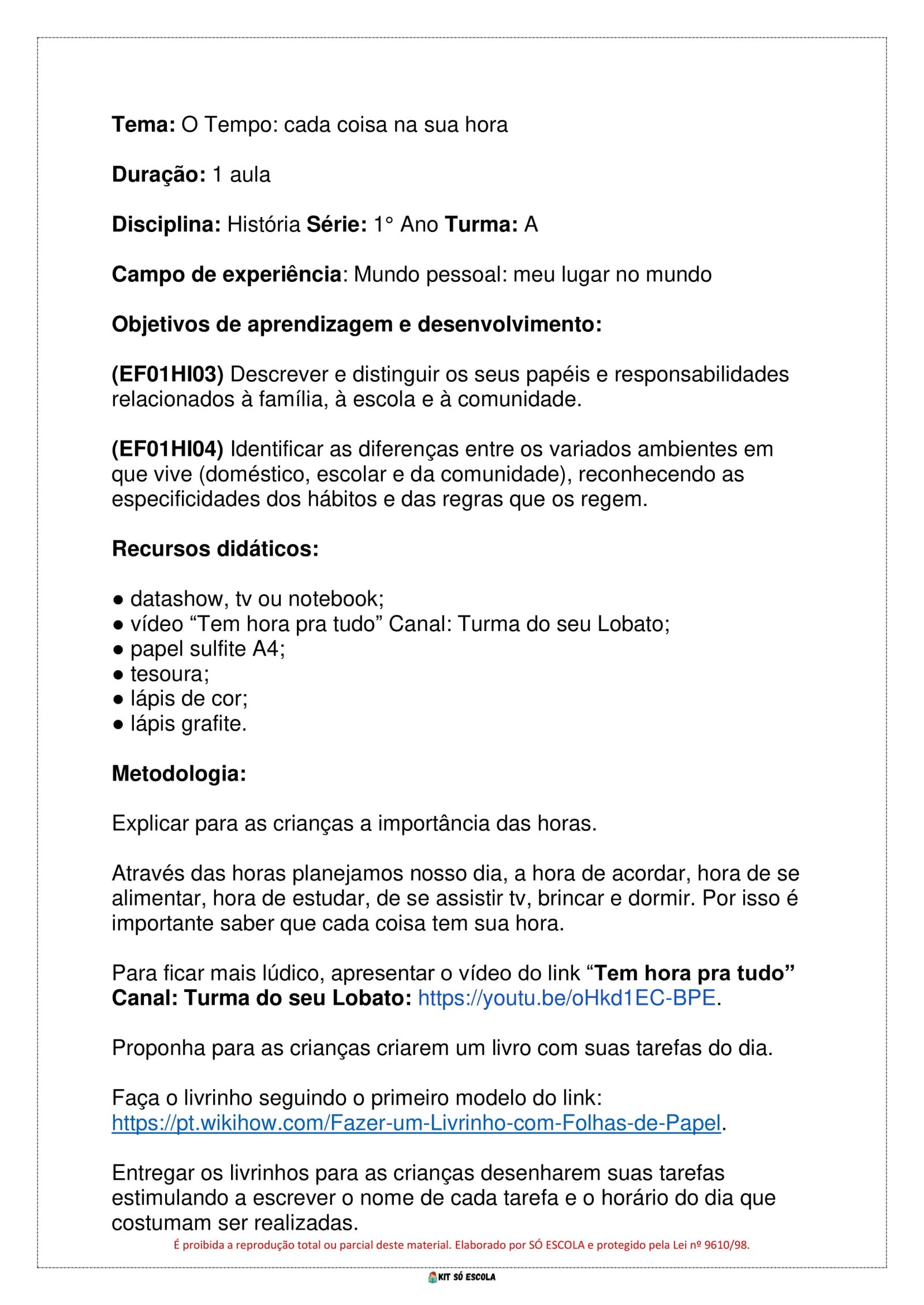 PLANOS DE AULA BNCC - ENSINO FUNDAMENTAL - 1 ANO - HISTORIA - KIT SO ESCOLA-019
