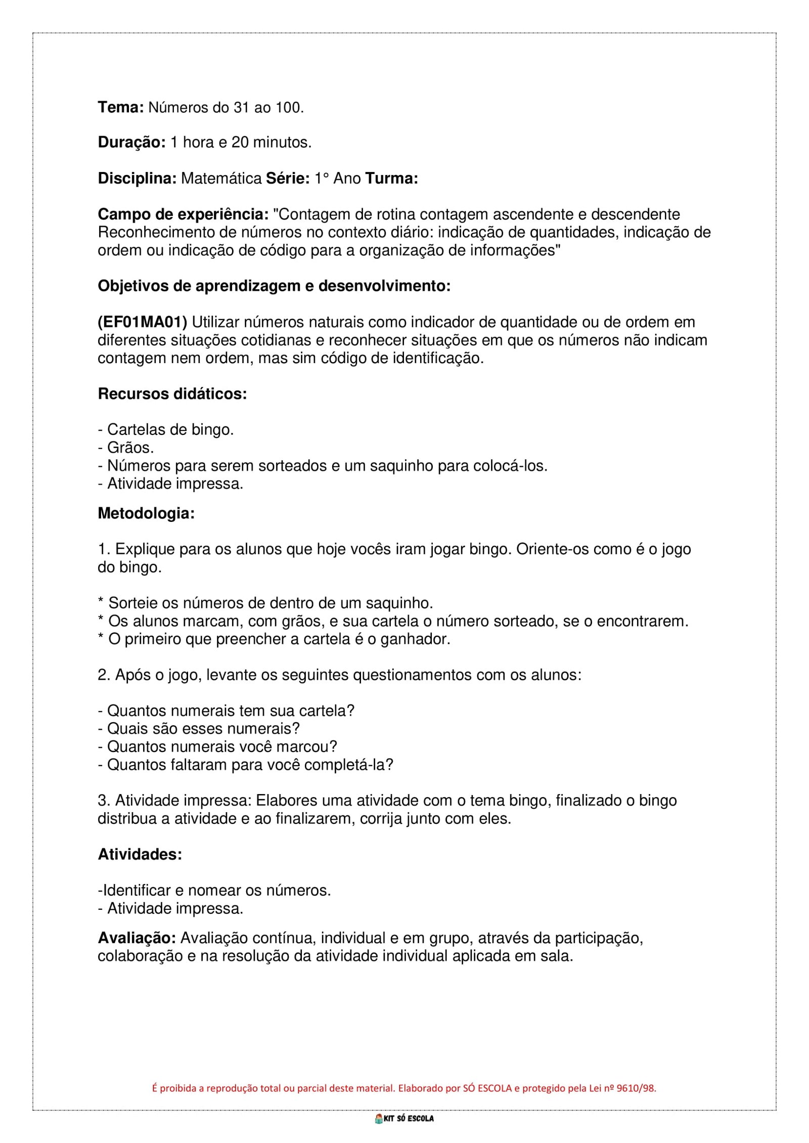 PLANOS DE AULA BNCC - ENSINO FUNDAMENTAL - 1 ANO - MATEMATICA - PARTE 01- KIT SO ESCOLA-35