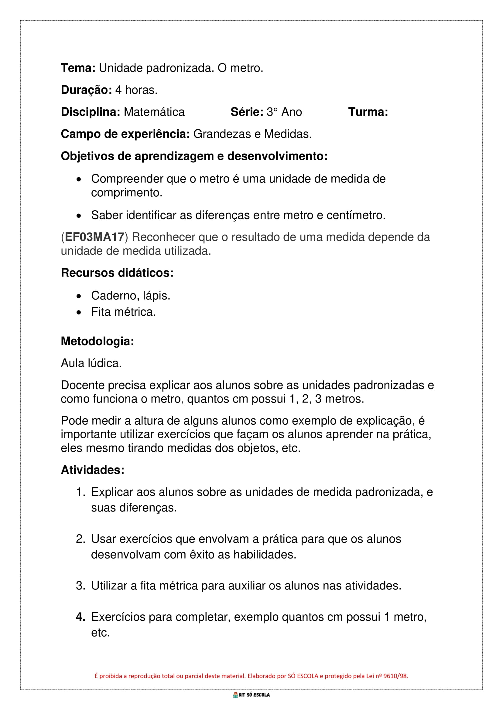 PLANOS DE AULA BNCC - ENSINO FUNDAMENTAL - 3 ANO - MATEMATICA- KIT SO ESCOLA-50